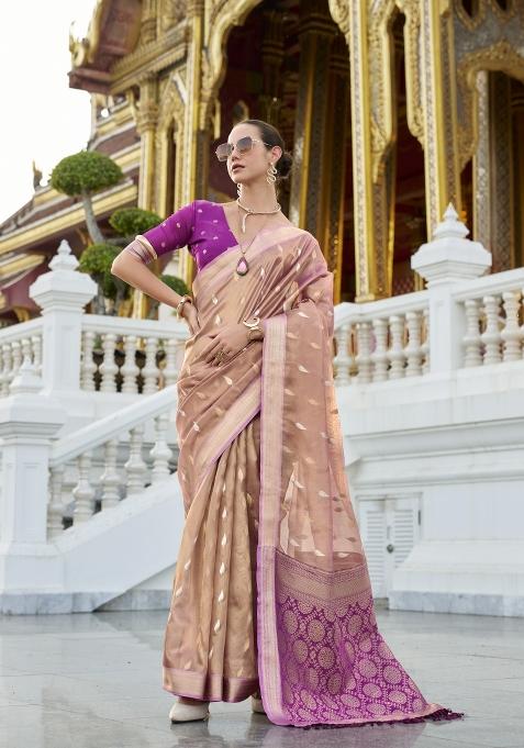 Pink Floral Print Silk Blend Saree Set