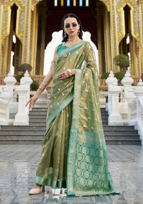 Teal Floral Print Silk Blend Saree Set
