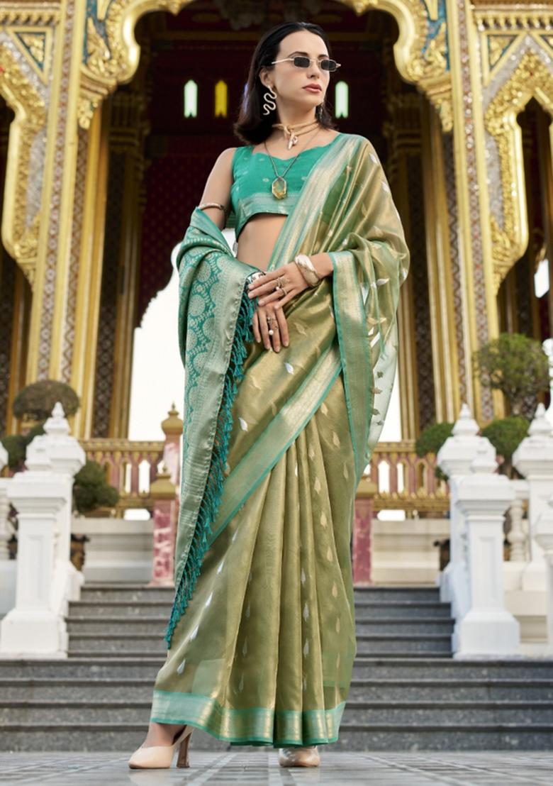 Teal Floral Print Silk Blend Saree Set - Indya