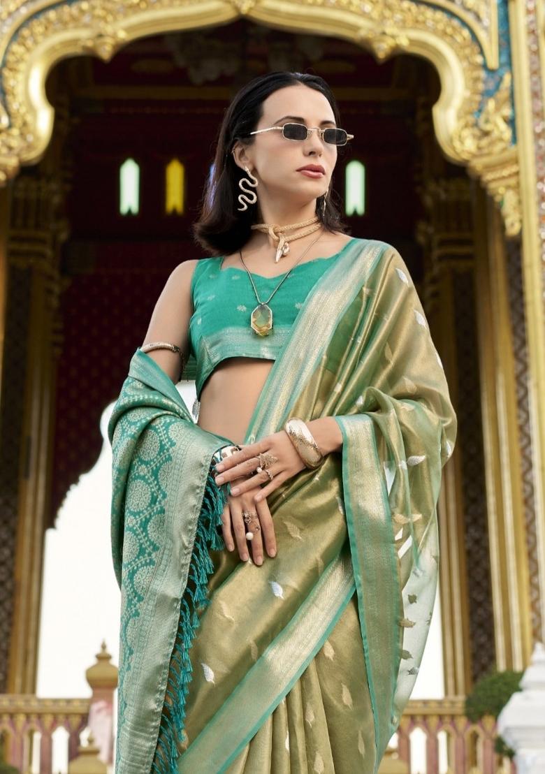 Teal Floral Print Silk Blend Saree Set - Indya