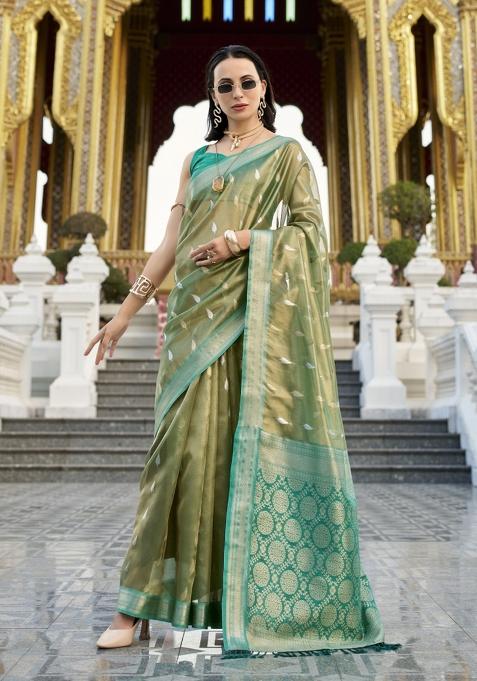 Teal Floral Print Silk Blend Saree Set