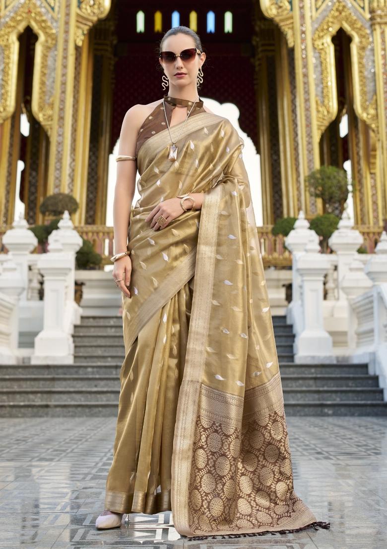 Brown Floral Print Silk Blend Saree Set - Indya