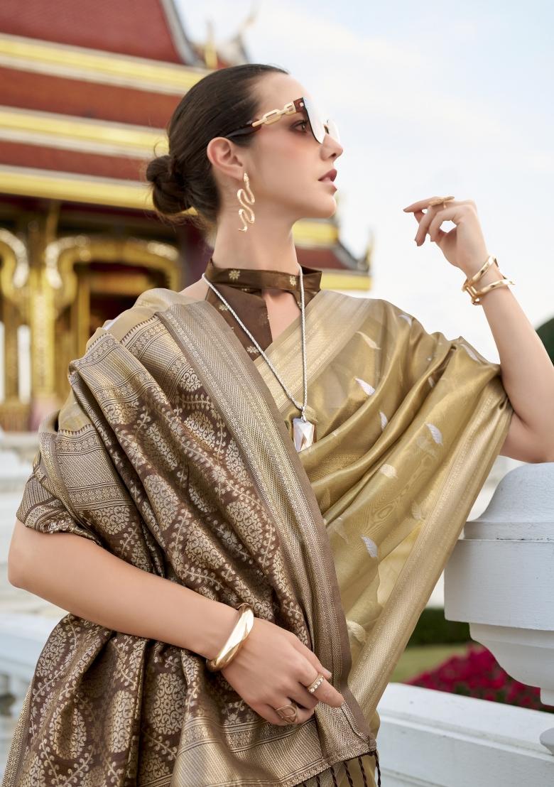 Brown Floral Print Silk Blend Saree Set - Indya