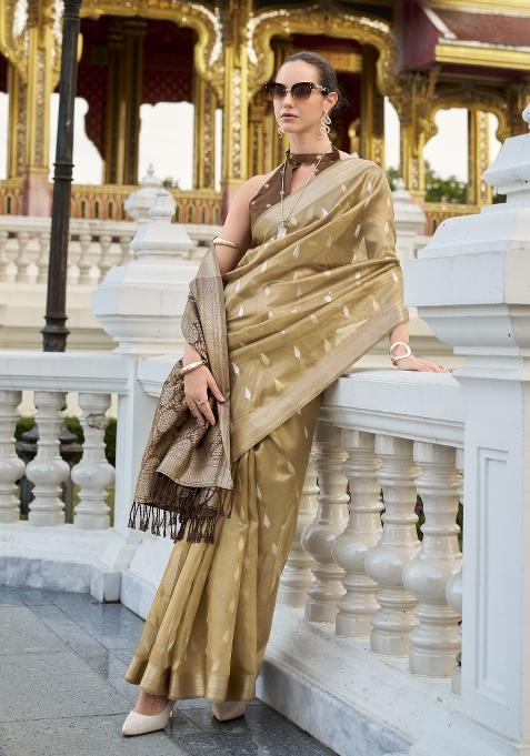 Brown Floral Print Silk Saree Set