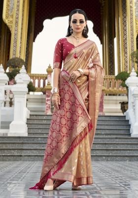 Red Floral Print Silk Blend Saree Set