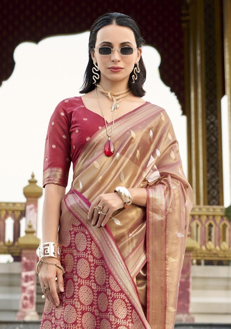 Red Floral Print Silk Blend Saree Set - Indya