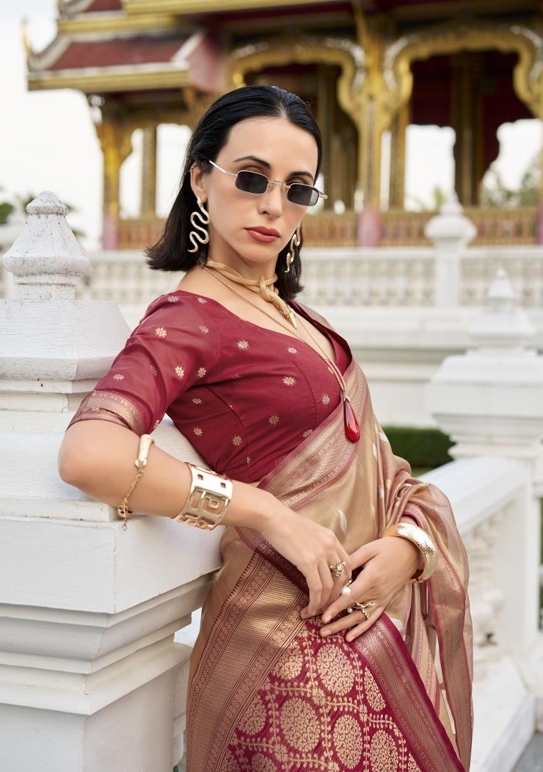 Red Floral Print Silk Blend Saree Set - Indya