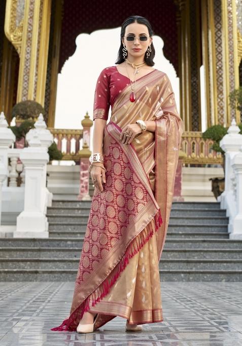 Red Floral Print Silk Blend Saree Set