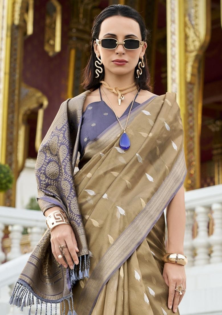 Purple Floral Print Silk Blend Saree Set - Indya