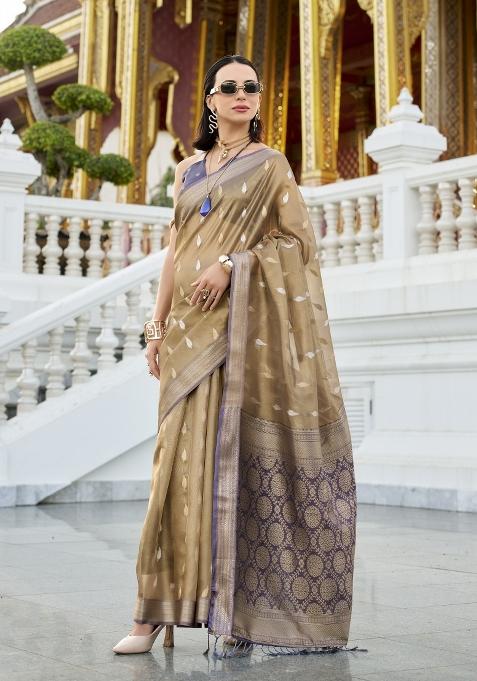 Purple Floral Print Silk Blend Saree Set