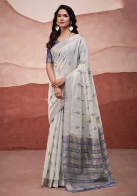Blue Floral Print Linen Saree Set