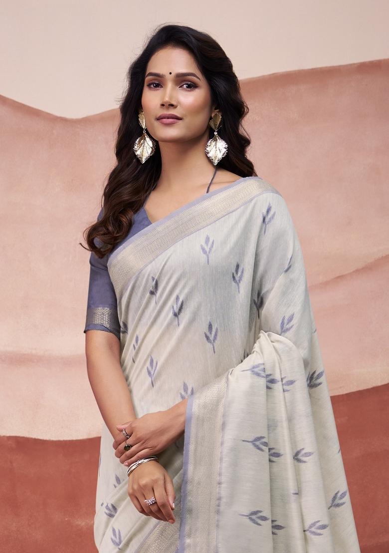 Blue Floral Print Linen Saree Set - Indya
