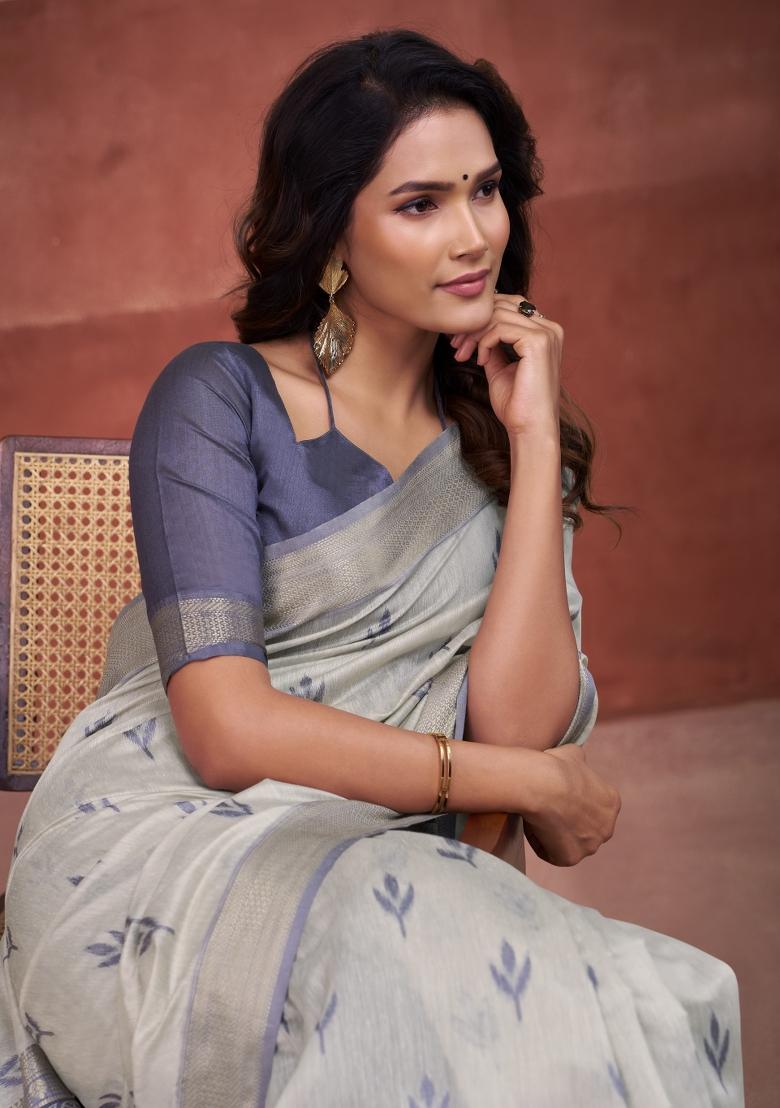 Blue Floral Print Linen Saree Set - Indya