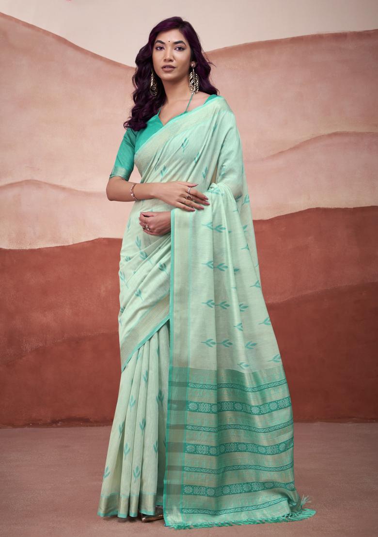 Green Floral Print Linen Saree Set - Indya