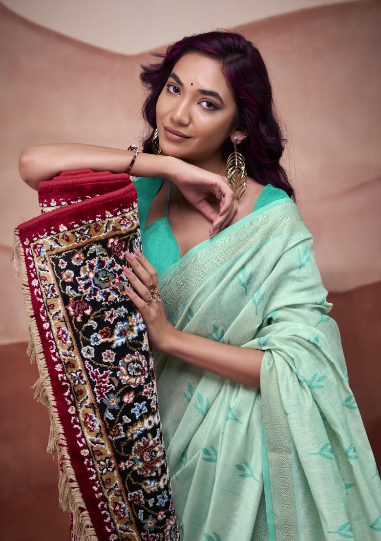 Green Floral Print Linen Saree Set - Indya