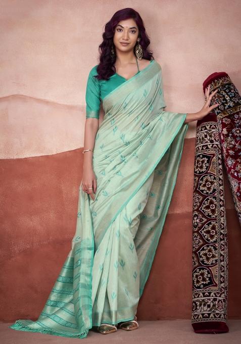 Green Floral Print Linen Saree Set