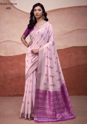 Purple Floral Print Linen Saree Set