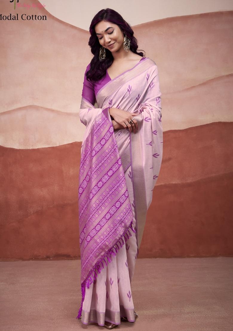 Purple Floral Print Linen Saree Set - Indya