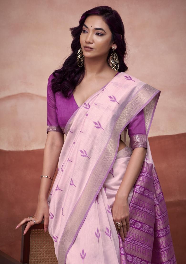 Purple Floral Print Linen Saree Set - Indya