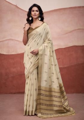 Brown Floral Print Linen Saree Set