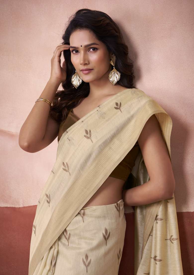 Brown Floral Print Linen Saree Set for Diwali and Festive Wear - Indya