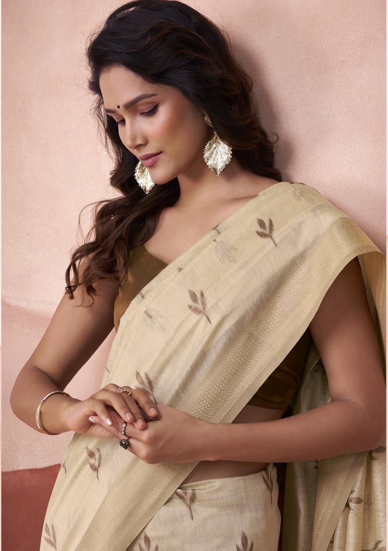 Brown Floral Print Linen Saree Set - Indya