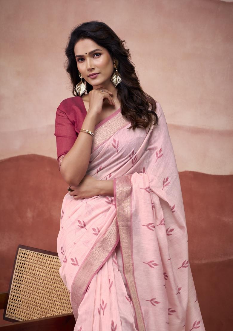 Pink Floral Print Linen Saree Set - Indya