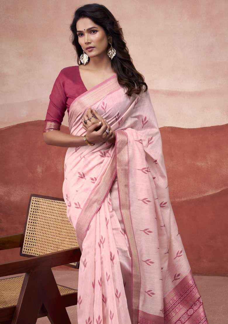 Pink Floral Print Linen Saree Set for Diwali and Festive Wear - Indya