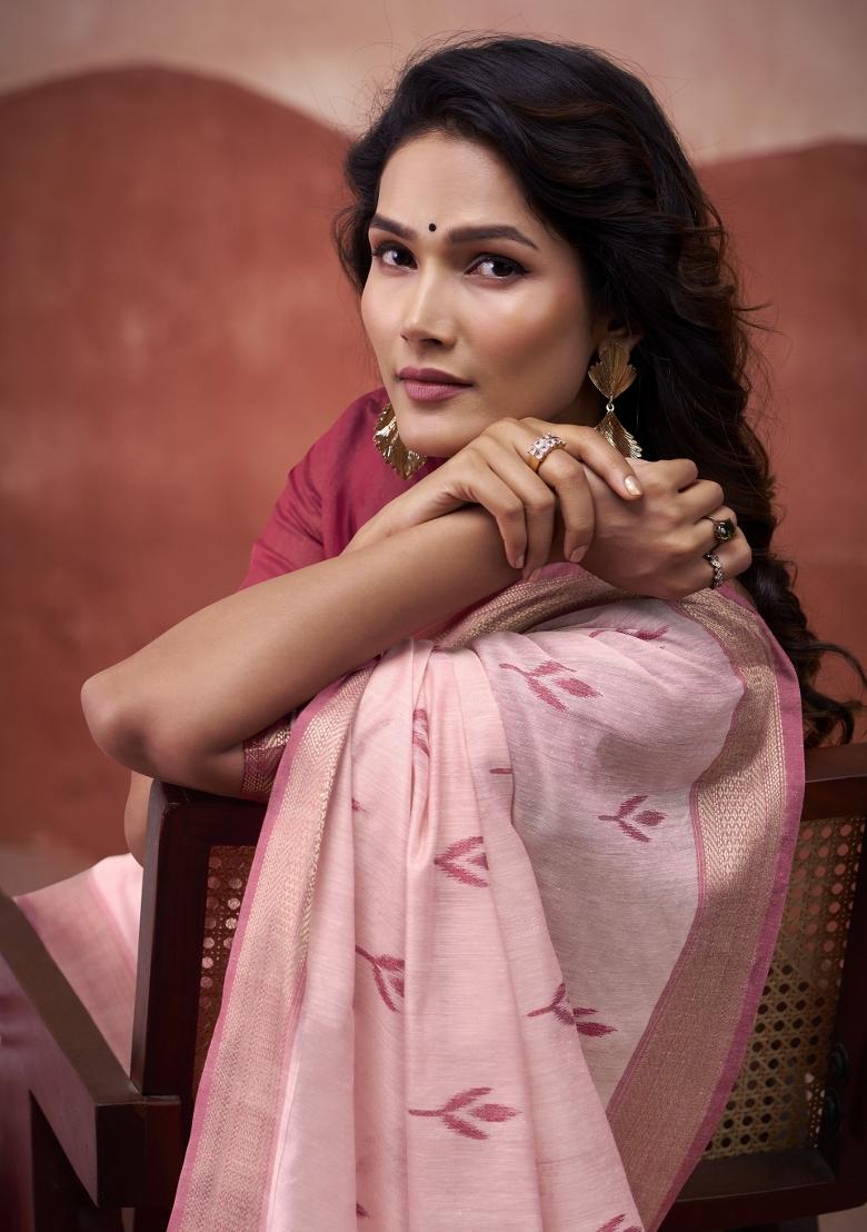 Pink Floral Print Linen Saree Set - Indya