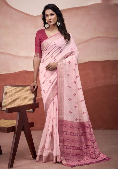 Pink Floral Print Linen Saree Set