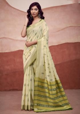 Yellow Floral Print Linen Saree Set