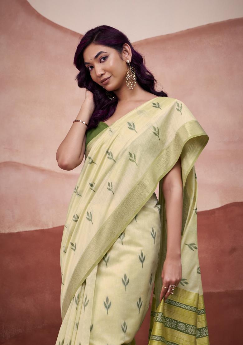 Yellow Floral Print Linen Saree Set - Indya