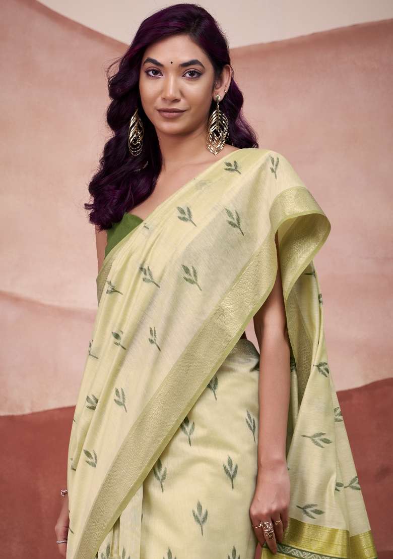 Yellow Linen Saree Set with Floral Print for Diwali | Wedding & Festive Wear - Indya