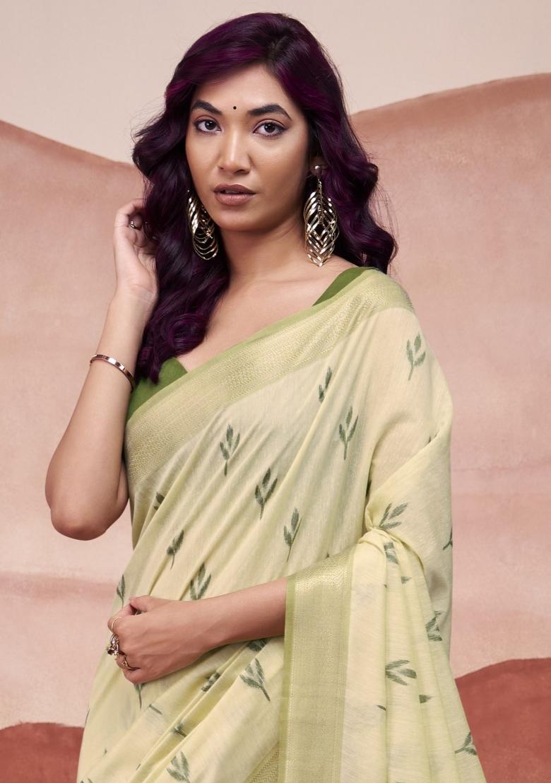 Yellow Floral Print Linen Saree Set - Indya