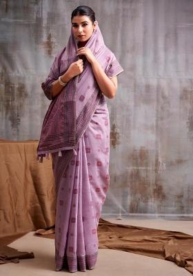 Purple Floral Print Linen Saree Set