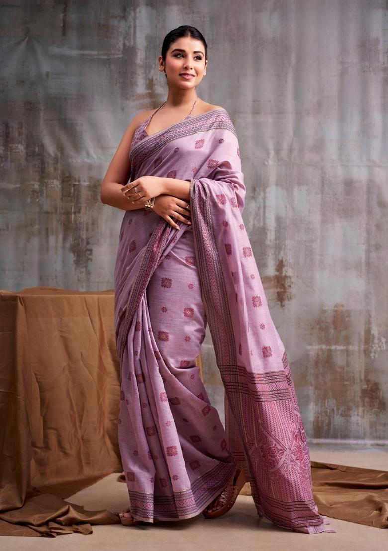 Purple Floral Print Linen Saree Set - Indya
