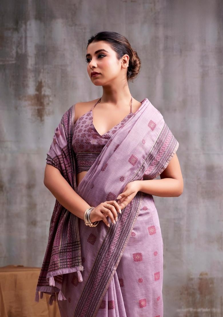 Purple Floral Print Linen Saree Set - Indya