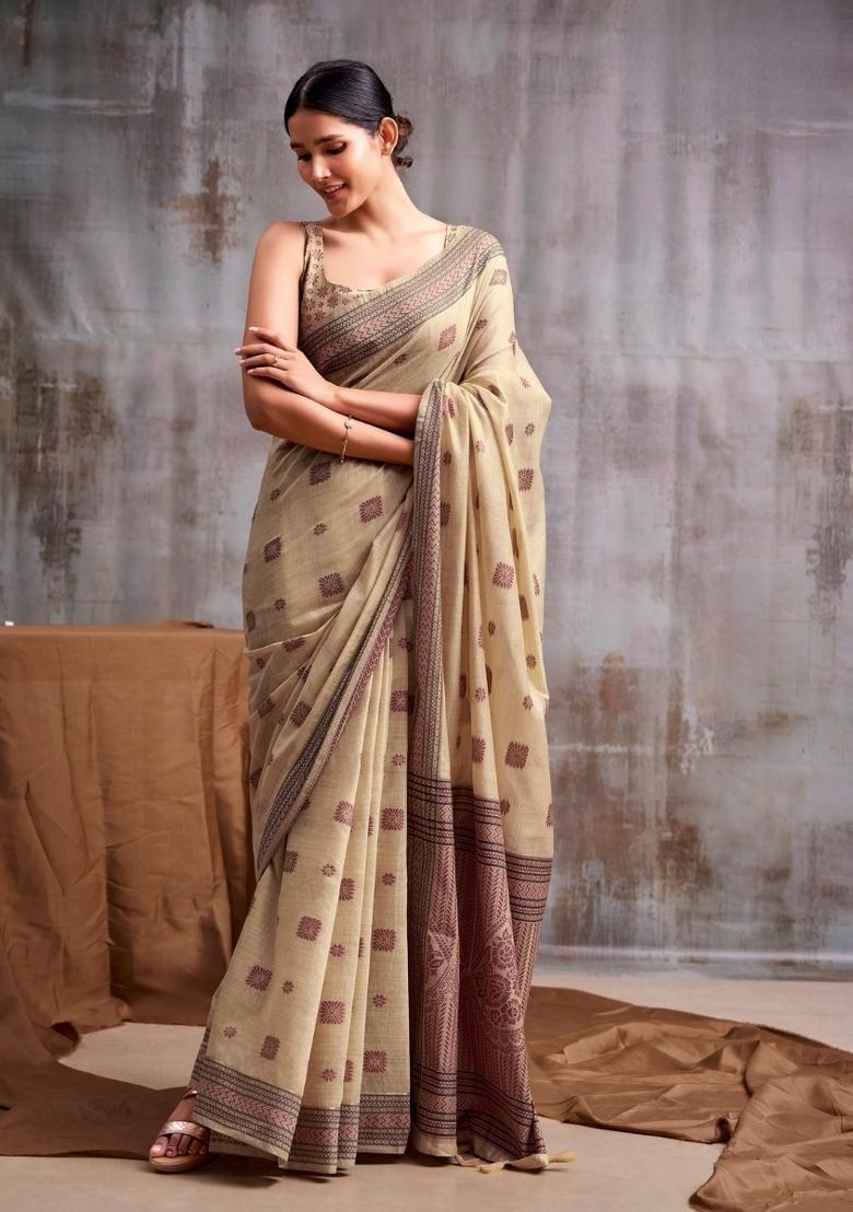 Beige Floral Print Linen Saree Set - Indya