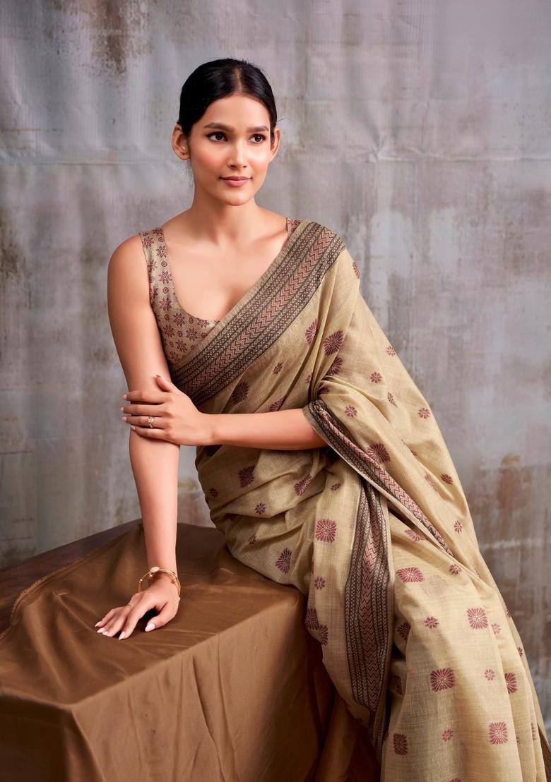 Beige Floral Print Linen Saree Set - Indya