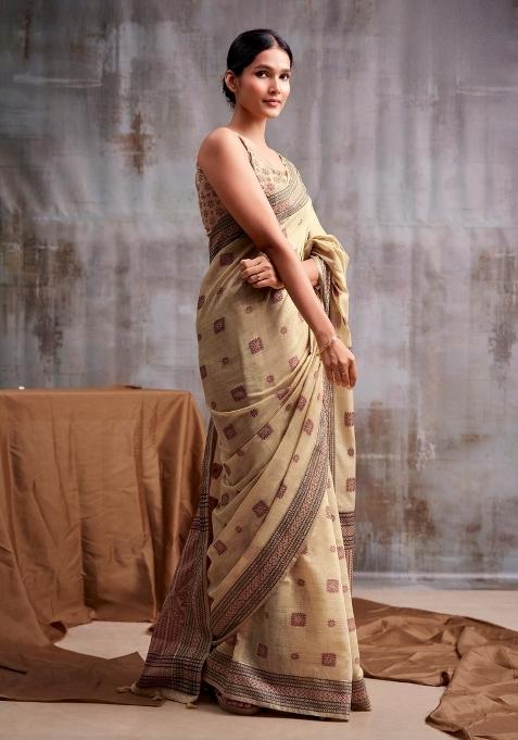 Beige Floral Print Linen Saree Set