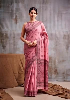 Pink Floral Print Linen Saree Set