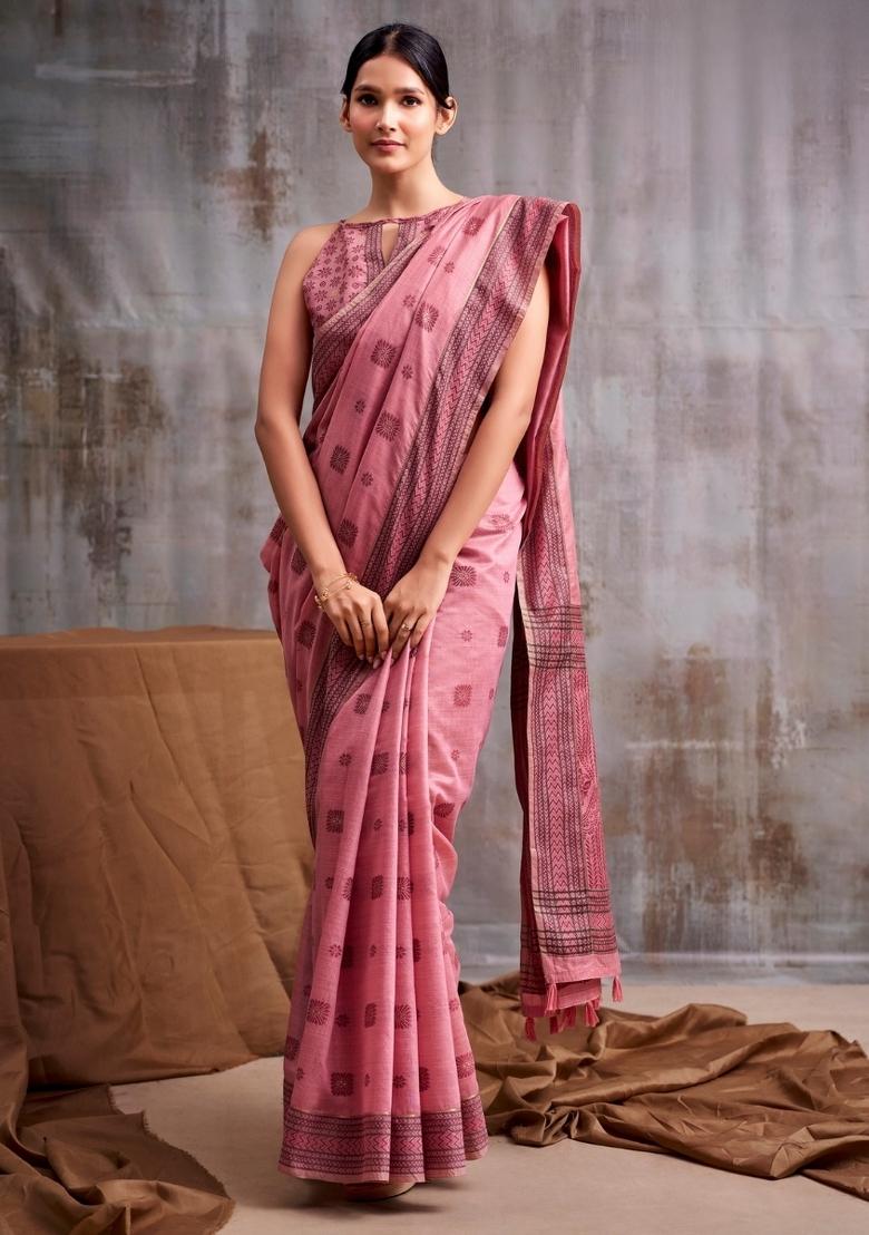 Pink Floral Print Linen Saree Set - Indya
