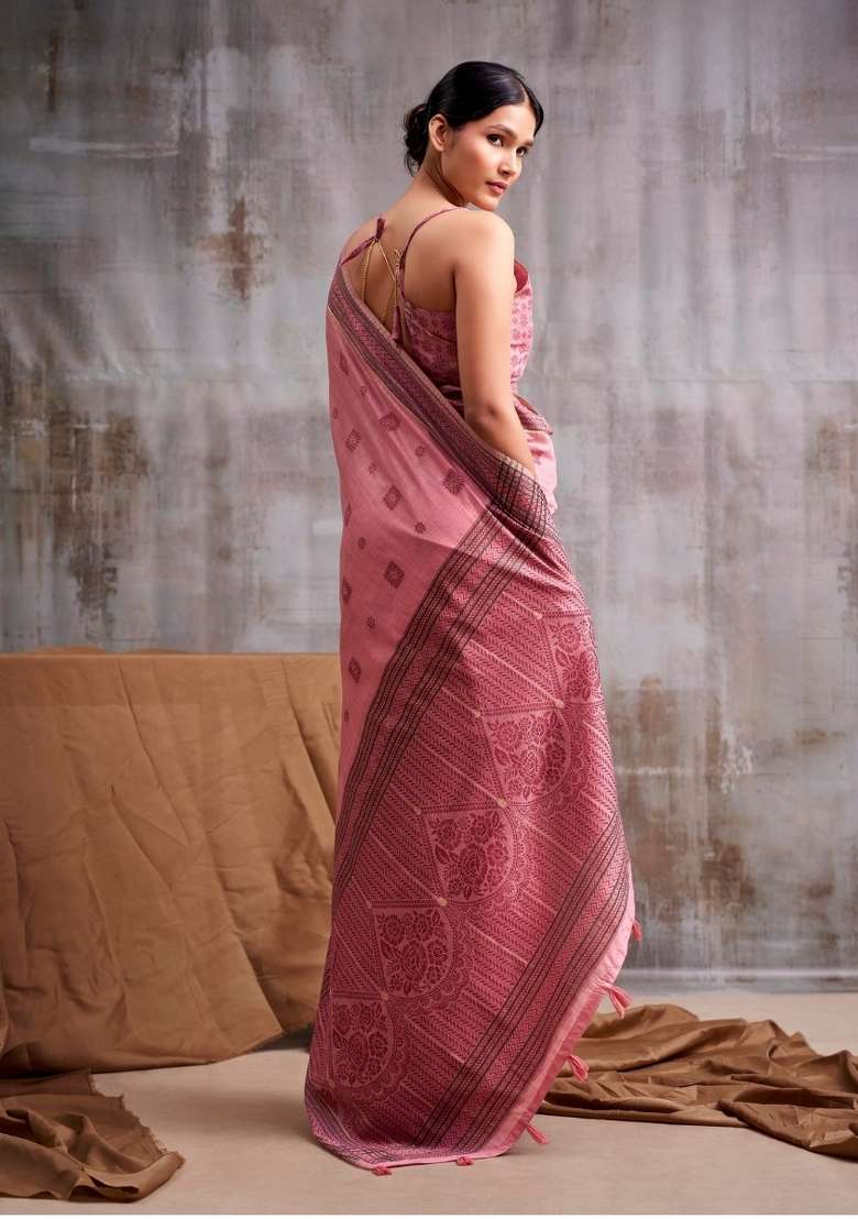 Pink Floral Print Linen Saree Set for Diwali and Festive Wear - Indya