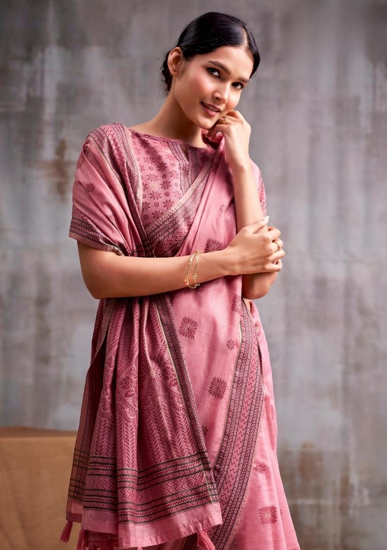 Pink Floral Print Linen Saree Set - Indya