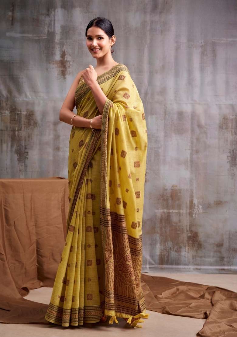 Yellow Floral Print Linen Saree Set for Diwali and Festive Wear - Indya