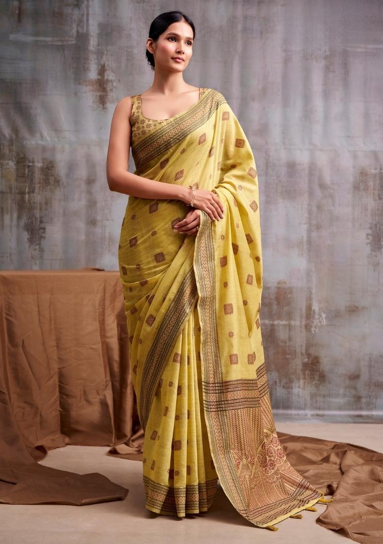 Yellow Floral Print Linen Saree Set - Indya