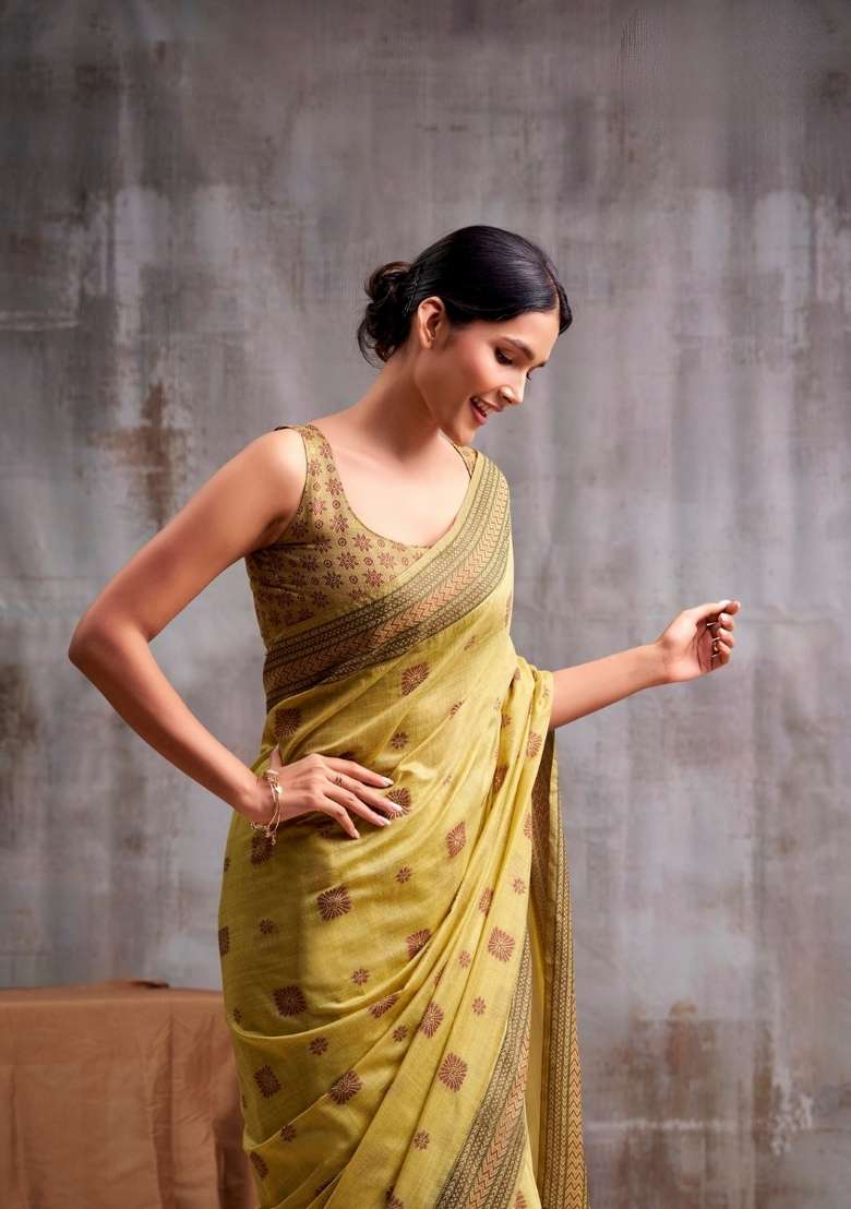 Yellow Floral Print Linen Saree Set for Diwali and Festive Wear - Indya