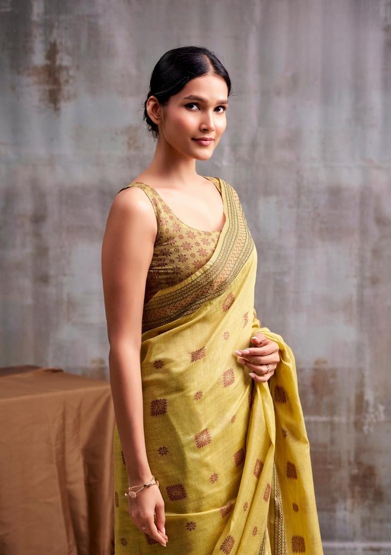 Yellow Floral Print Linen Saree Set - Indya