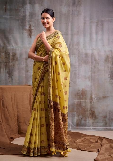 Yellow Floral Print Linen Saree Set