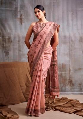 Peach Floral Print Linen Saree Set